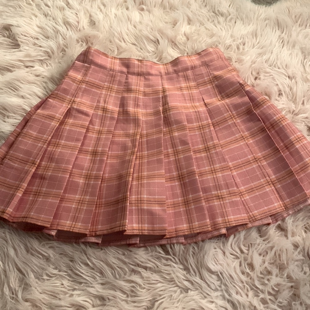 kawaii pink and orange pleated skirt cute plaid skirt